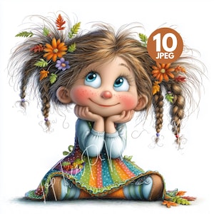 Paquete de 10 imágenes prediseñadas de chicas otoñales originales, JPG de alta calidad de 300 DPI, brujas de Halloween en tonos pastel, atuendos otoñales acogedores, conjunto de calabazas en acuarela