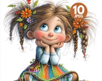10 Quirky Autumn Girl Clipart Bundle, High Quality 300 DPI JPGs, Pastel Halloween Witches, Cozy Fall Outfits, Watercolor Pumpkin Set