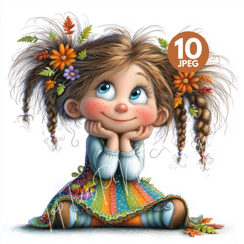 Watercolor clipart bundle featuring 10 quirky autumn girls dressed in cozy pastel Halloween outfits. Each character is hand-drawn with whimsical seasonal elements such as pumpkins, fall leaves, scarves, hats, and sweet Halloween touches. Perfect for moms, teachers, and scrapbookers looking for unique fall-themed graphics with a soft and charming aesthetic.