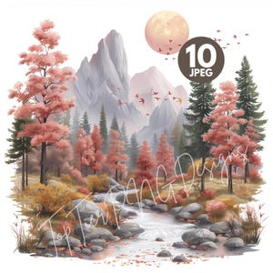 Autumn Landscapes Clipart Set, 10 High Quality 300 DPI JPGs, Fall Forest Scene, Mountain River Illustration, Rustic Nature Printable
