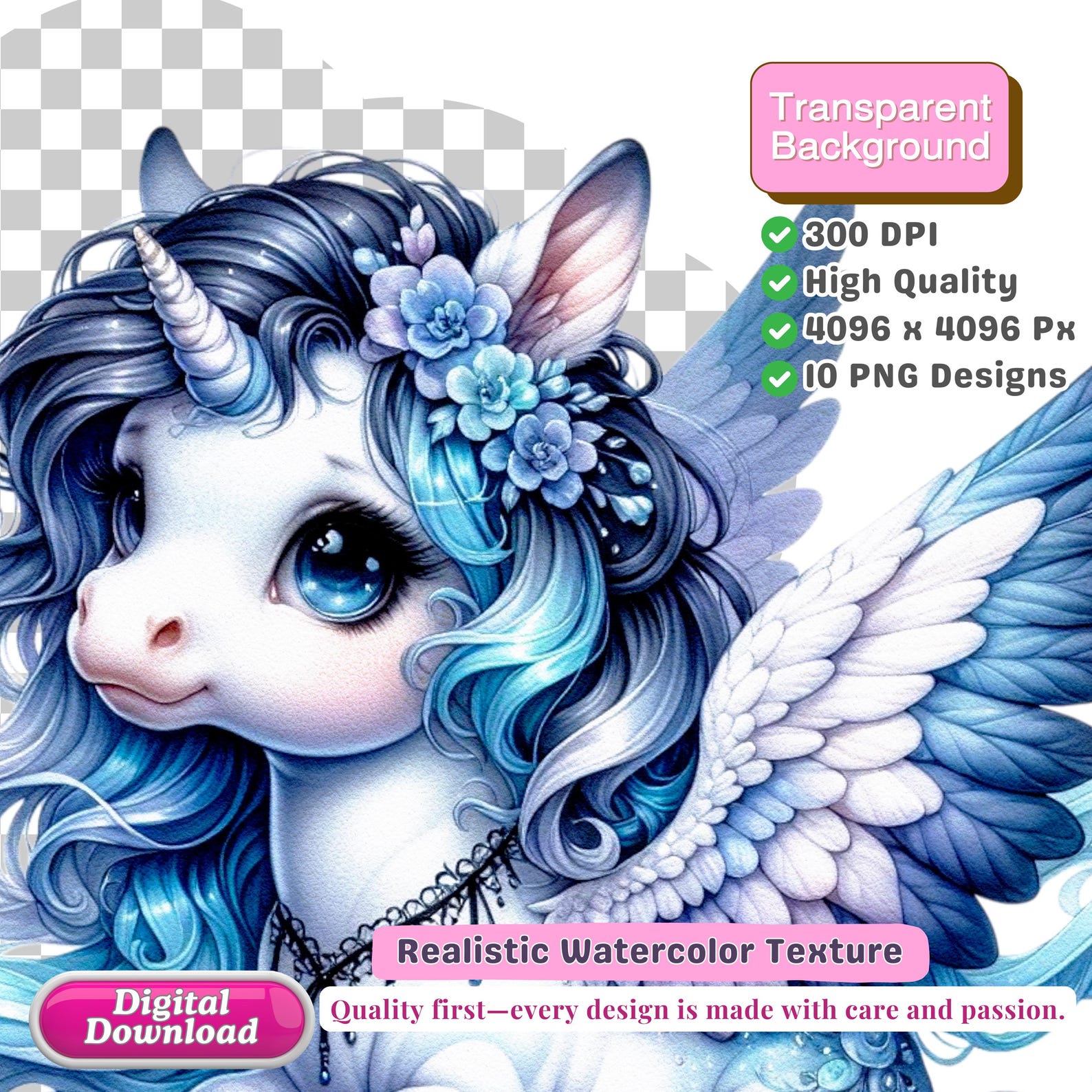 Watercolor Baby Unicorn Clipart Bundle, Pastel Fantasy PNG, Cute Winged ...