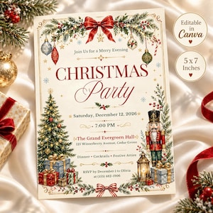 May include: A 5x7 inch Christmas party invitation card featuring a red bow, ornaments, a nutcracker, a Christmas tree, and gifts. The text reads: Join Us for a Merry Evening, CHRISTMAS Party, Saturday, December 12, 2026, 7:00 PM, The Grand Evergreen Hall.