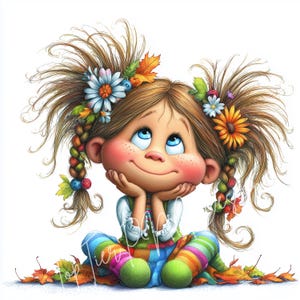 K&ouml;nnte beinhalten: Eine skurrile Illustration eines jungen M&auml;dchens mit braunen Haaren, die in Z&ouml;pfen mit Blumen und Herbstbl&auml;ttern gestylt sind. Sie blickt mit einem L&auml;cheln nach oben und st&uuml;tzt ihr Kinn auf ihre H&auml;nde. Sie tr&auml;gt ein gr&uuml;nes und wei&szlig;es Oberteil und bunte gestreifte Leggings, umgeben von Herbstlaub.