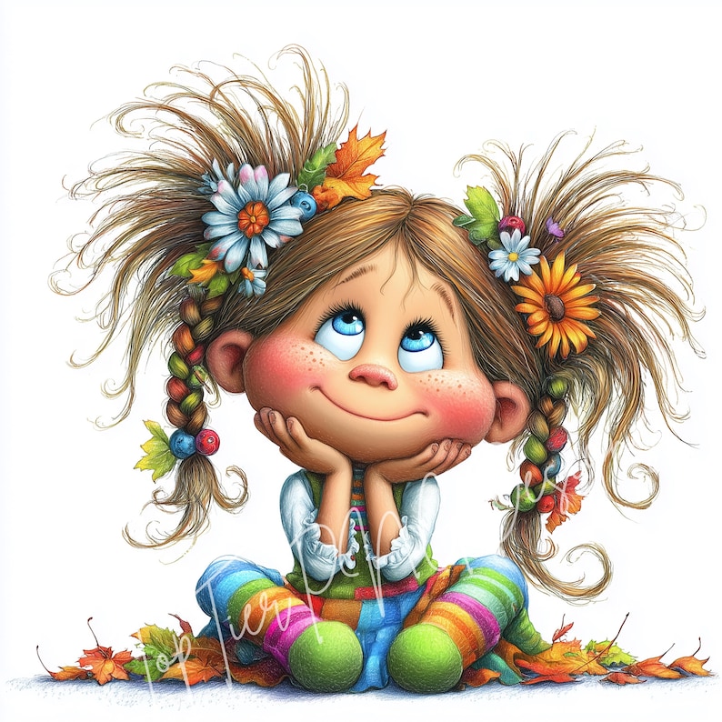 K&ouml;nnte beinhalten: Eine skurrile Illustration eines jungen M&auml;dchens mit braunen Haaren, die in Z&ouml;pfen mit Blumen und Herbstbl&auml;ttern gestylt sind. Sie blickt mit einem L&auml;cheln nach oben und st&uuml;tzt ihr Kinn auf ihre H&auml;nde. Sie tr&auml;gt ein gr&uuml;nes und wei&szlig;es Oberteil und bunte gestreifte Leggings, umgeben von Herbstlaub.