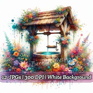 Clipart di un pozzo dei desideri ad acquerello, arte di un giardino primaverile, clipart di un acquerello in formato JPG, creazione di biglietti, album di ritagli, diario di scarto, download digitale