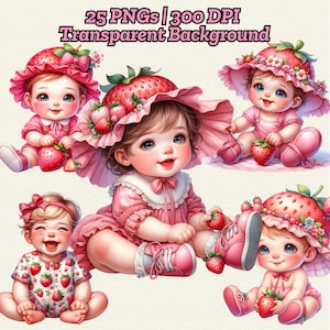 Aardbei babymeisje clipart, aquarel aardbei clipart, schattig aardbei shortcake thema, digitale download voor babyshower, png-bestand