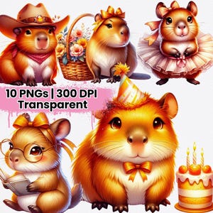 Aquarel schattige capibara clipartbundel, schattige kawaii capibara clipartbundel, hoogwaardige png's, perfect voor scrapbooking, instant download