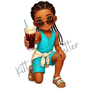 May include: A cartoon illustration of a child with braided hair wearing sunglasses, a turquoise tank top, and matching shorts. A cream-colored sweater is tied around the waist. The child holds a glass of dark soda with a scoop of ice cream and a straw.