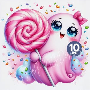 Cute Candy Ghost Watercolor Clipart JPG, Pink Lollipop, Sprinkles, Card Making, Scrapbook, Junk Journaling, Digital Download, Sweet Art