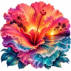 10 Tropical Hibiscus Clipart Bundle, Watercolor Beach Flower Art, Sunset Ocean Graphics for Stickers and Printables