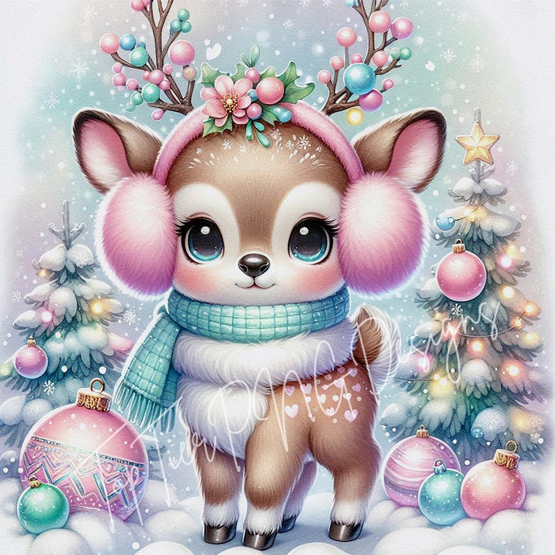 Christmas Reindeer Fawn Clipart Bundle Watercolor JPG, Holiday Card Art ...