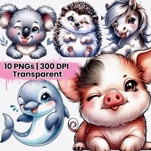 Watercolor Funny Animals Clipart, Cute Animal Prints, Kids Room Decor, Nursery Art, Digital Download, Kids Room Decor, Printable Art