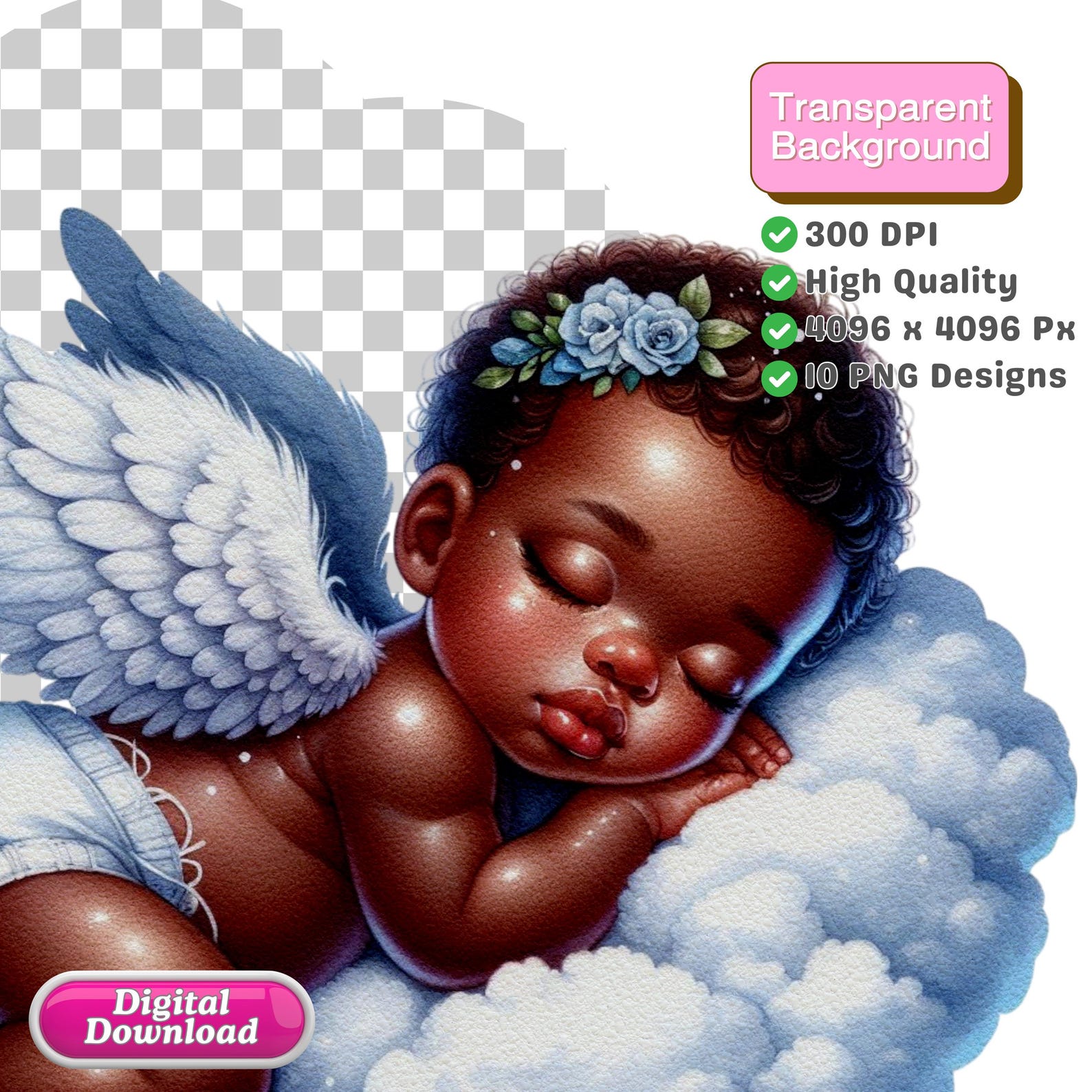 Black Baby Angel Clipart: African Girl PNG, Birthday Wall Art (digital ...