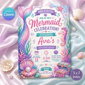 Pink Mermaid Birthday Invitation, Under the Sea Party Invite, Girls 4th Birthday Watercolor Printable Card, Mobile Evite