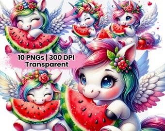 Watercolor Unicorn Watermelon Clipart: Kawaii Pegasus Summer PNG (Digital Art)