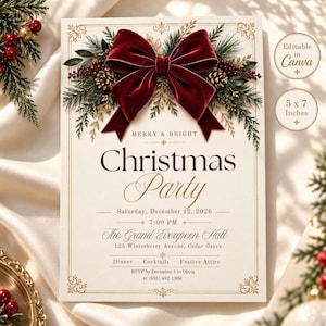 Könnte beinhalten: Eine 12,7 x 17,8 cm große Weihnachtsparty-Einladungskarte mit einer großen dunkelroten Samtschleife, Tannenzweigen und goldenen Tannenzapfen. Der Text lautet Merry & Bright Christmas Party, Samstag, 12. Dezember 2026, 19:00 Uhr, The Grand Evergreen Hall, 125 Winterberry Avenue, Cedar Grove, Dinner, Cocktails, festliche Kleidung, RSVP bis 1. Dezember an Olivia unter (555) 482-1906.