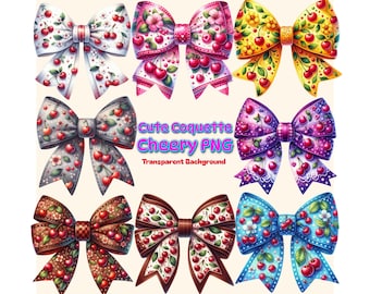 Coquette Cherry Bow Clipart: Kawaii PNG Digital Download