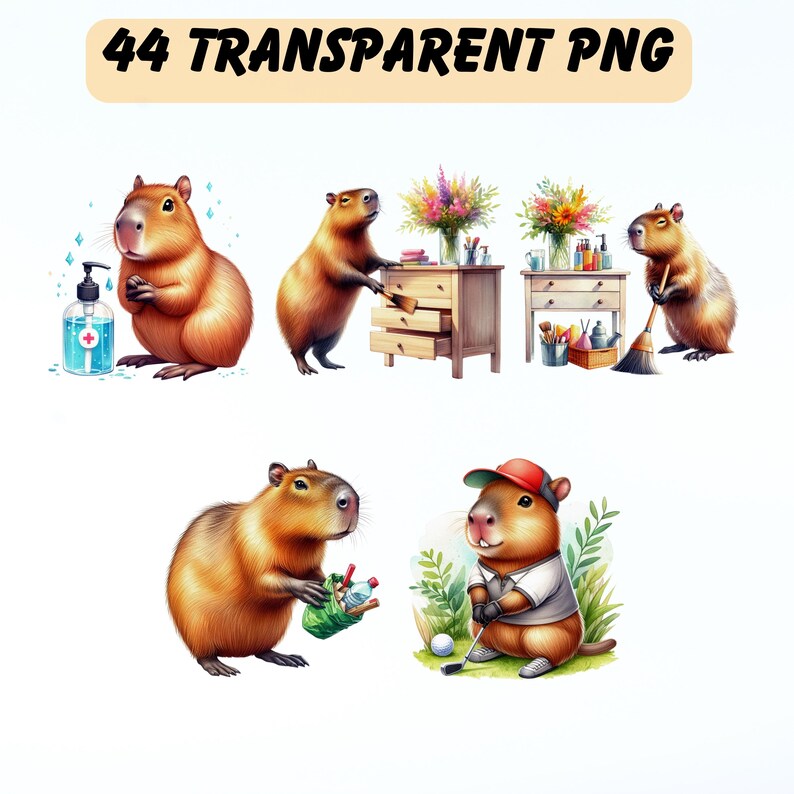 44 Daily Capybara Clipart PNG, Watercolor Routine Activities, Neutral ...