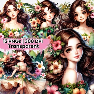 Aquarell schrulligen Mädchen in den Blumen Clipart Floral Fantasy Kunst PNG wunderliche Frau Illustration Boho Ästhetik Digital Download Sublimation