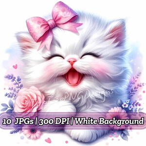 シャビーシックなペルシャ猫のクリップアート集、水彩猫アート、デジタルダウンロード、猫好きアート、白猫アート、即時ダウンロード