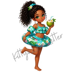 10 Girl Pool Clipart Bundle, Cute Summer Girl with Floaties, Coconut Drink Clipart for Pool Party Printables and Crafts
