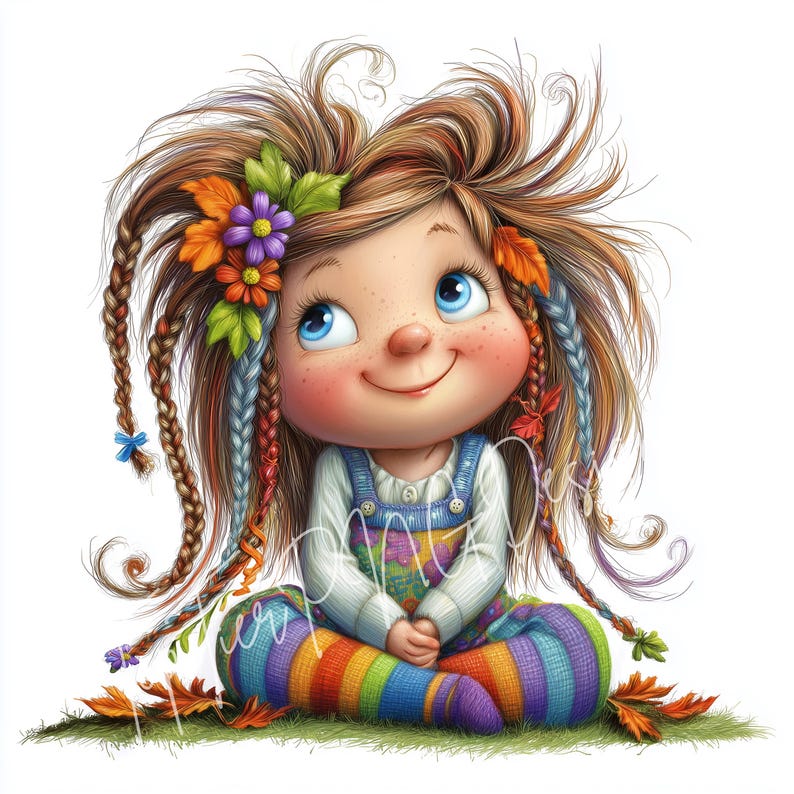 K&ouml;nnte beinhalten: Digitale Illustration eines l&auml;chelnden M&auml;dchens mit blauen Augen und Sommersprossen. Sie hat lange, braune Haare mit Z&ouml;pfen, verziert mit Blumen und Herbstbl&auml;ttern. Sie tr&auml;gt ein wei&szlig;es Hemd, eine Jeans-Latzhose und regenbogenfarbene Leggings.