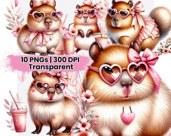 Watercolor Capybara Clipart Bundle, Cute Pink Capybara PNG, Pastel Animal Illustration, Kawaii Capybara Art, Whimsical Graphics Scrapbooking