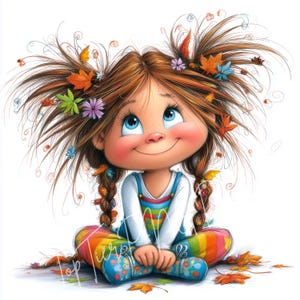 K&ouml;nnte beinhalten: Cartoon-Illustration eines l&auml;chelnden M&auml;dchens mit braunen Haaren, blauen Augen und rosigen Wangen. Sie tr&auml;gt ein wei&szlig;es Hemd, eine blaue Latzhose und eine Regenbogenhose. Ihr Haar ist mit bunten Bl&auml;ttern und Blumen geschm&uuml;ckt, und sie sitzt gekreuzt.
