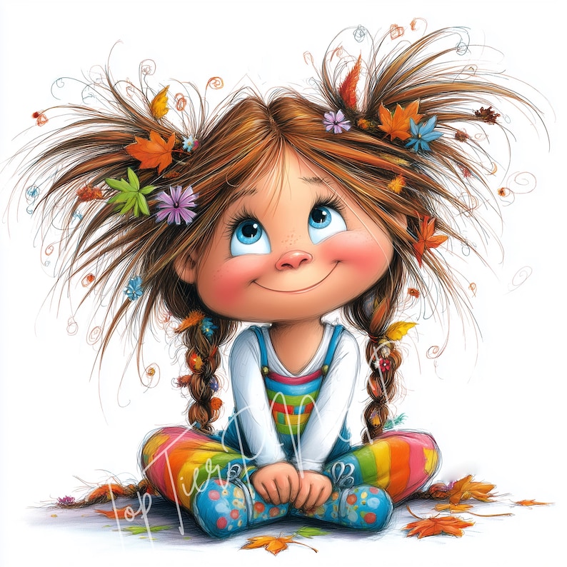 K&ouml;nnte beinhalten: Cartoon-Illustration eines l&auml;chelnden M&auml;dchens mit braunen Haaren, blauen Augen und rosigen Wangen. Sie tr&auml;gt ein wei&szlig;es Hemd, eine blaue Latzhose und eine Regenbogenhose. Ihr Haar ist mit bunten Bl&auml;ttern und Blumen geschm&uuml;ckt, und sie sitzt gekreuzt.