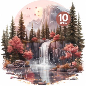 Autumn Landscapes Clipart Set, 10 High Quality 300 DPI JPGs, Fall Forest Scene, Mountain River Illustration, Rustic Nature Printable