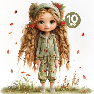 Raccolta di clipart di ragazze autunnali carine, 10 JPG di alta qualità a 300 DPI, foglie autunnali pastello, illustrazioni di foglie acquerellate, grafiche autunnali originali