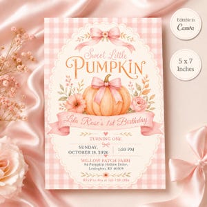 May include: A rectangular invitation card with a pink gingham background featuring a central illustration of a pumpkin with a pink bow, surrounded by flowers. Text includes Sweet Little Pumpkin, Lila Rose's 1st Birthday, and event details.