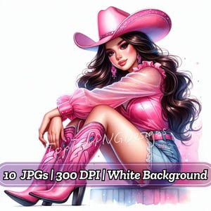 Disco Cowgirl Clipart, Retro Cowgirl Clipart Bundle, Watercolor Clipart JPG, Card Making, Scrapbook, Junk Journaling, Digital Download