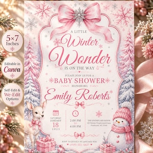 Op de afbeelding: Een 12,7 x 17,8 cm baby shower uitnodiging met een roze en wit winterthema, een hertje, sneeuwpop en sneeuwvlokken. De tekst luidt A Little Winter Wonder Is On The Way, Baby Shower, Emily Roberts, Saturday January 18 2025, 2:00 PM to 4:00 PM, The Snowflake Room, 123 Winter Wonderland Lane, Pinebrook, NC 27540, RSVP to Jessica by January 8th, en (919) 555-4827.