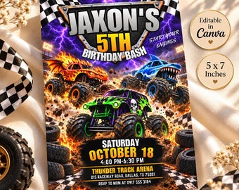May include: A rectangular birthday invitation card featuring three monster trucks in orange, blue, and green on a dirt track with purple lightning. Text includes JAXON'S 5TH BIRTHDAY BASH, START YOUR ENGINES, SATURDAY OCTOBER 18, 4:00 PM-6:30 PM, THUNDER TRACK ARENA, 215 RACEWAY ROAD, DALLAS, TX 75201, RSVP TO MOM AT 0917 555 3184.
