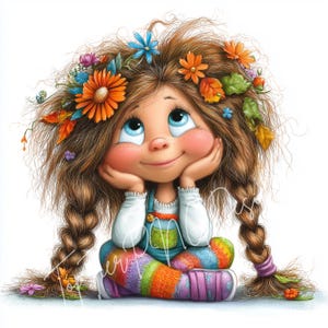 K&ouml;nnte beinhalten: Cartoon-Illustration eines M&auml;dchens mit langen braunen Z&ouml;pfen, geschm&uuml;ckt mit bunten Blumen und Herbstbl&auml;ttern. Sie tr&auml;gt ein wei&szlig;es Hemd, eine blaue Latzhose und eine regenbogenfarbene Hose und st&uuml;tzt ihr Kinn mit einem fr&ouml;hlichen Gesichtsausdruck auf ihren H&auml;nden.