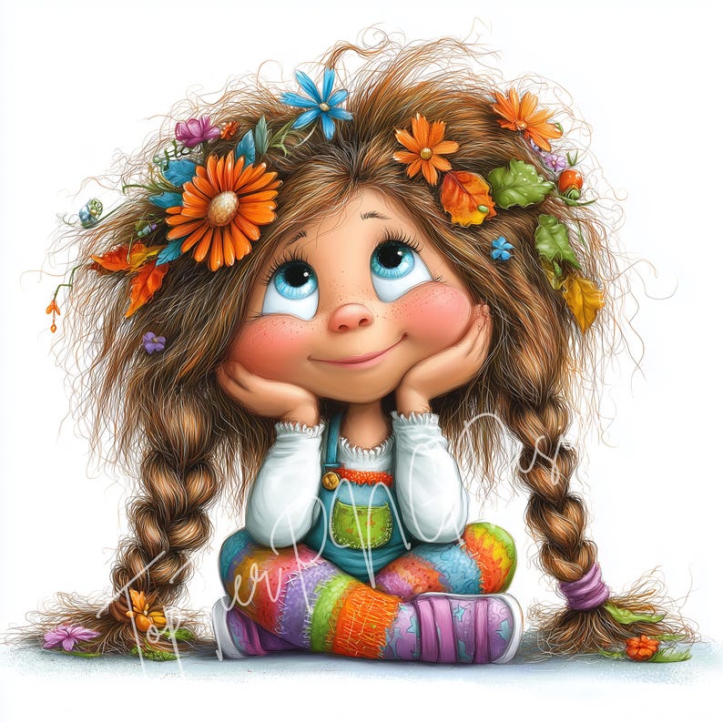 K&ouml;nnte beinhalten: Cartoon-Illustration eines M&auml;dchens mit langen braunen Z&ouml;pfen, geschm&uuml;ckt mit bunten Blumen und Herbstbl&auml;ttern. Sie tr&auml;gt ein wei&szlig;es Hemd, eine blaue Latzhose und eine regenbogenfarbene Hose und st&uuml;tzt ihr Kinn mit einem fr&ouml;hlichen Gesichtsausdruck auf ihren H&auml;nden.