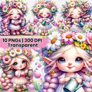 Aquarell Blumenzwerg Clipart Bundle: Frühling PNG Grafiken (digitaler Download