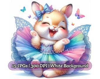 Watercolor Ballerina Bunny Clipart PNG with Cute Ballet Rabbits in Tutu Dress, Digital Download, Scrapbook Crafts, Junk Journal, Card Making