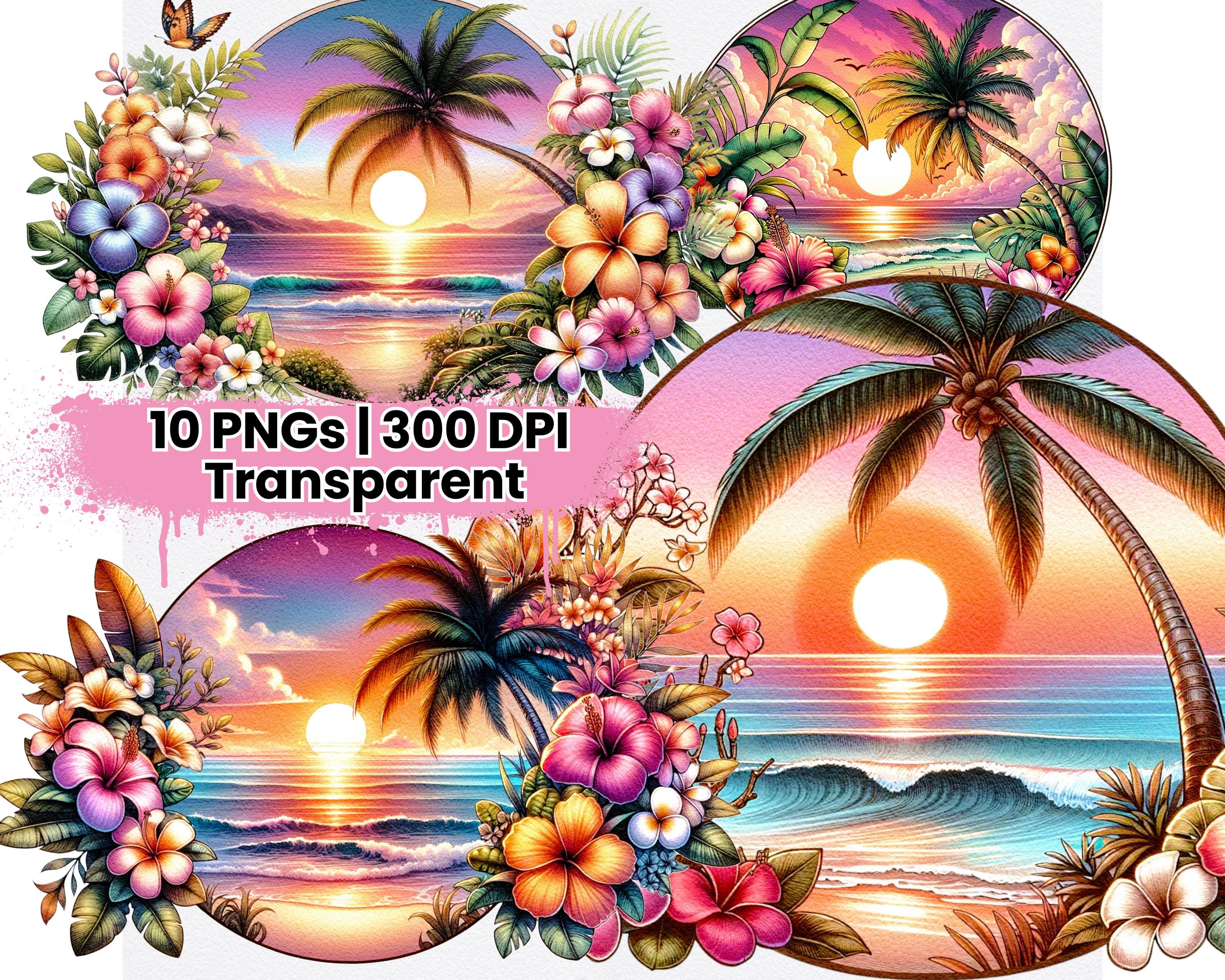 Watercolor Tropical Sunset Clipart Beach Ocean Palm Tree Flowers Hibiscus Summer Aesthetic Digital Art PNG Bundle for Sublimation Wall art
