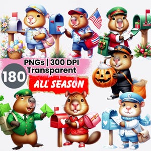 180 Clipart Capybara facteur, aquarelle pastel PNG, lot saisonnier 12 mois, fabrication de cartes, scrapbooking, journal indésirable, téléchargement numérique