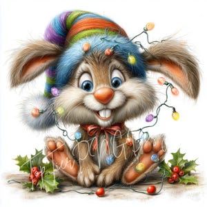 Puede incluir: Ilustración de dibujos animados de un conejito marrón con un sombrero a rayas de colores y una pajarita roja. El conejito está adornado con luces navideñas y acebo. El conejito sonríe con las patas delanteras extendidas.