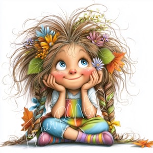 K&ouml;nnte beinhalten: Eine skurrile Illustration eines l&auml;chelnden M&auml;dchens mit langen braunen Haaren, die mit Blumen und Herbstbl&auml;ttern geschm&uuml;ckt sind. Sie tr&auml;gt eine regenbogenfarbene Latzhose und sitzt im Schneidersitz und blickt mit fr&ouml;hlichem Ausdruck nach oben.