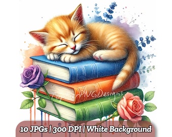Watercolor Cat Sleeping on Books Clipart, Floral Book Lover Clipart, Cute Digital Download for Card Making, High Quality JPGs, DIY Projects
