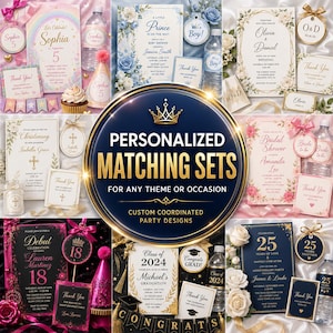 May include: A collection of personalized party stationery sets featuring various themes including birthdays, baby showers, weddings, christenings, and graduations. Each set includes invitations, thank you cards, water bottle labels, and party tags.