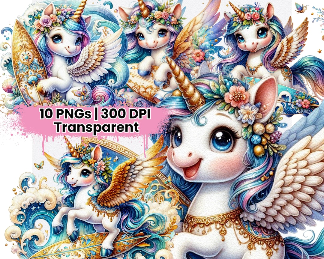 Watercolor Unicorn Clipart Fantasy Pegasus Surfboard PNG Cute Winged ...