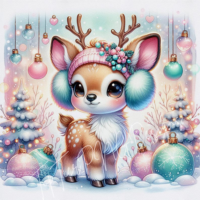 Christmas Reindeer Fawn Clipart Bundle Watercolor JPG, Holiday Card Art ...