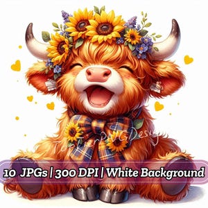 Watercolor Sunflower Highland Cows Collection Clipart, Baby Highland Cow, Spring Flowers, Baby Animal JPG, Commercial Use, Digital Download