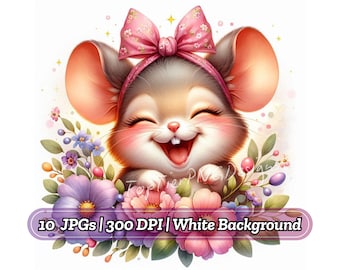 Floral Mouse Clipart Bundle Clipart, Watercolor Floral Mouse, Cute Mouse with Flowers, Adorable Mice Designs, Scrapbooking and Journaling