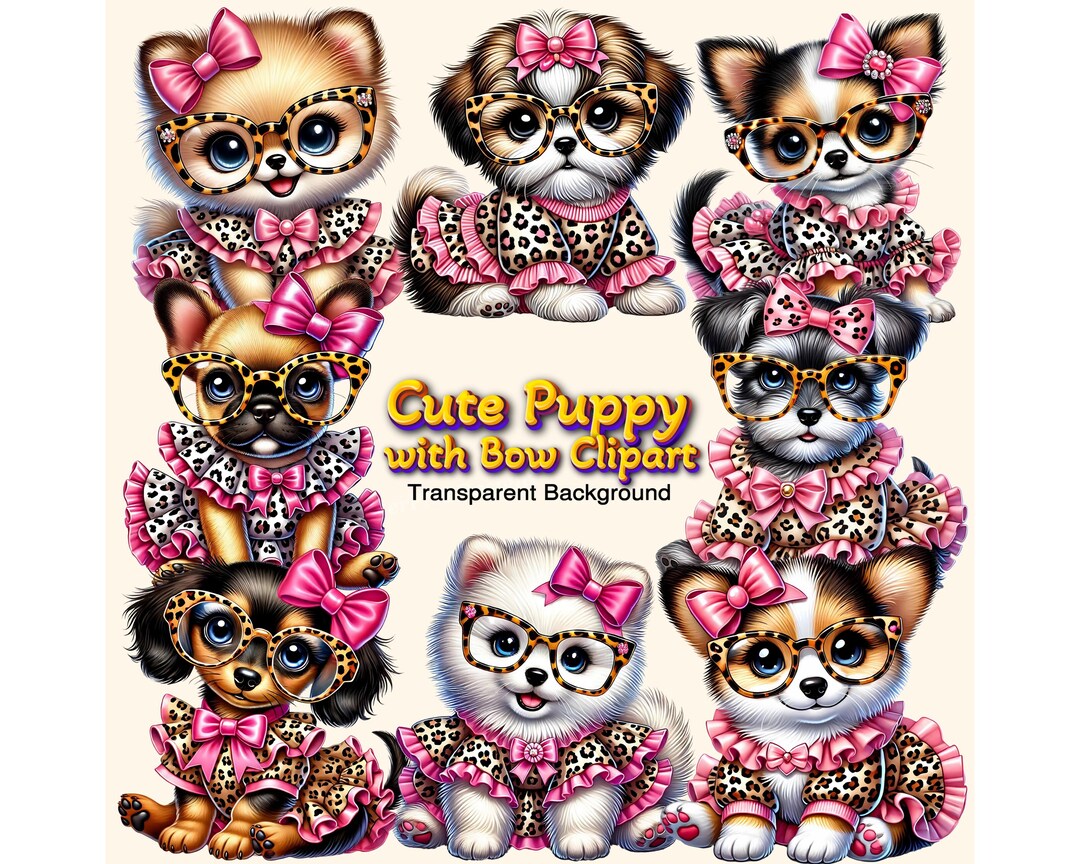 Cute Puppy With Bow Clipart, Cute Dog Clipart With Bow, Watercolor Dog ...
